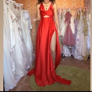 Silky Red A-Line Dress With High Leg Slit/ Fits 0-2 / Ceriti “Sike” Dress